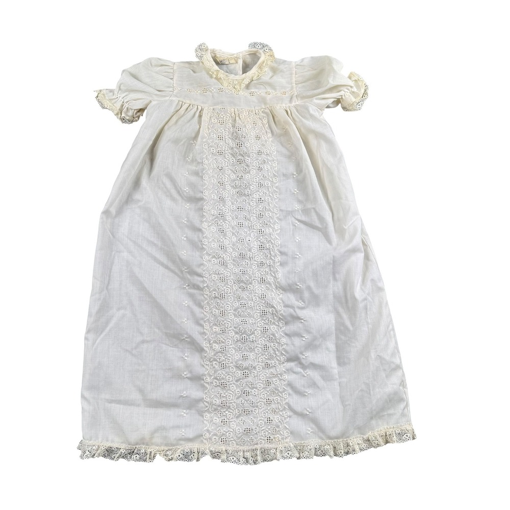 Vintage Off White Eyelet Lace Christening Gown Baptism Dress Infant Baby 965